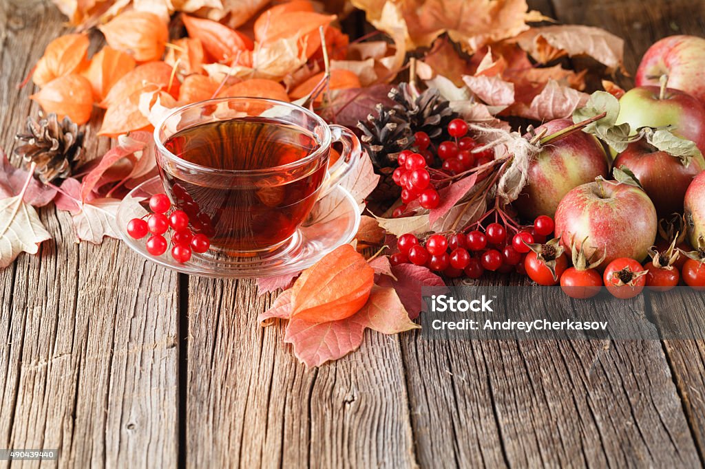 Fall tea on rustic wooden background Fall wealth with tea on rustic wooden background 2015 Stock Photo