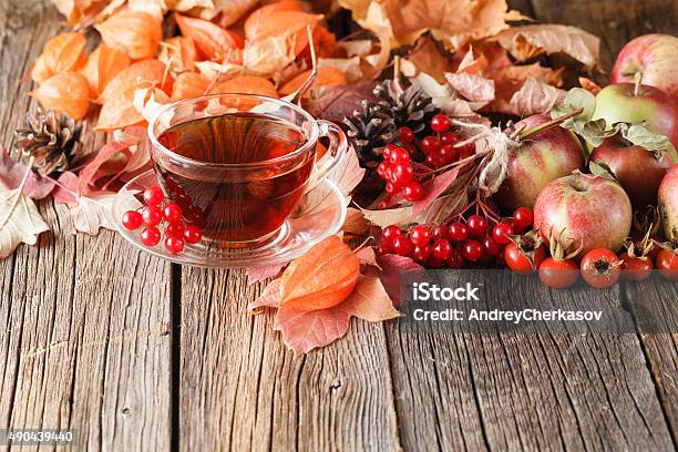 Fall Tea On Rustic Wooden Background Stock Photo - Download Image Now - 2015, Apple - Fruit, Autumn