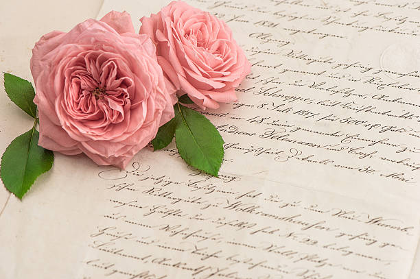 istock pink rose flowers over antique handwritten letter 490450461