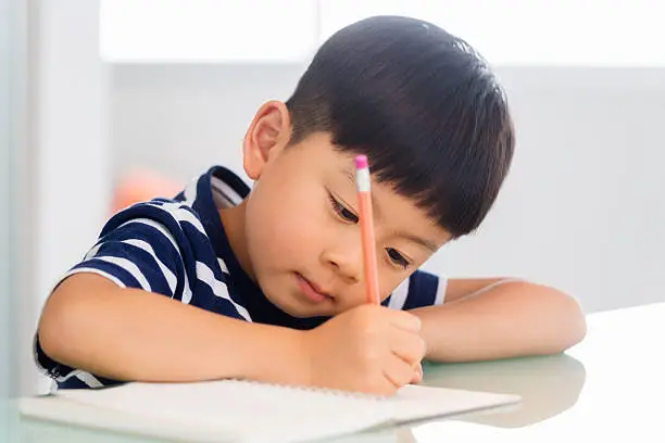 A Chinese boy works on homework.
