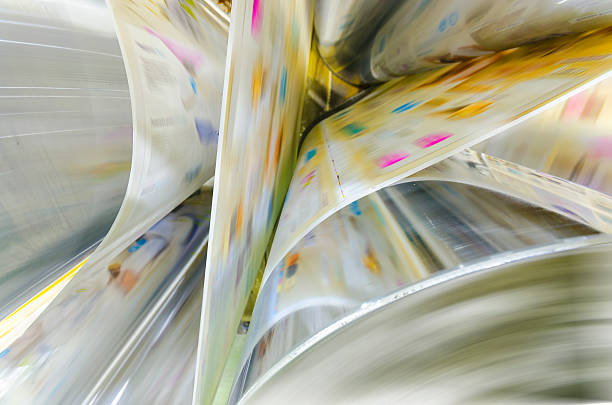 Printing machine, hit set speed roto offset print press Printing machine, hit set speed roto offset print press, newspaper and magazine production industry digital printing house stock pictures, royalty-free photos & images