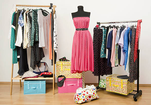 istock Dressing closet with polka dots clothes arranged on hangers. 490453061