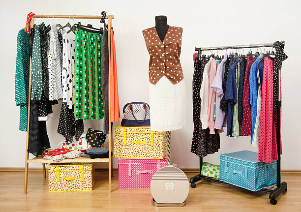 istock Dressing closet with polka dots clothes arranged on hangers. 490453077