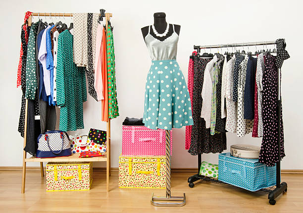 istock Dressing closet with polka dots clothes arranged on hangers. 490453083
