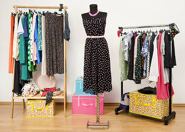 istock Dressing closet with polka dots clothes arranged on hangers. 490453089
