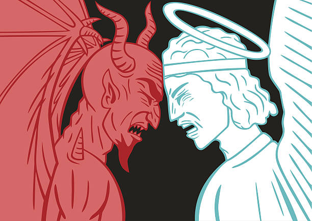 ilustraciones, imágenes clip art, dibujos animados e iconos de stock de devil vs. arcángel. - maldad