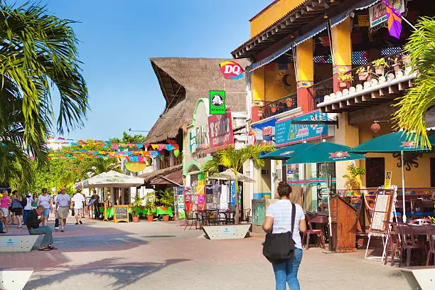 Resort hotels, tourist shops and restaurants in the entertainment district of Playa del Carmen in the Yucatan peninsula of Mexico.