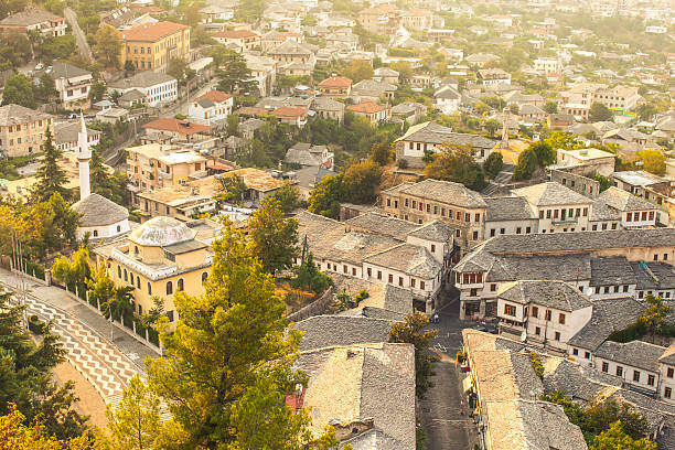 Aerial view of the city Gjirokaster in Albania Aerial view of the city Gjirokaster in Albania tirana photos stock pictures, royalty-free photos & images