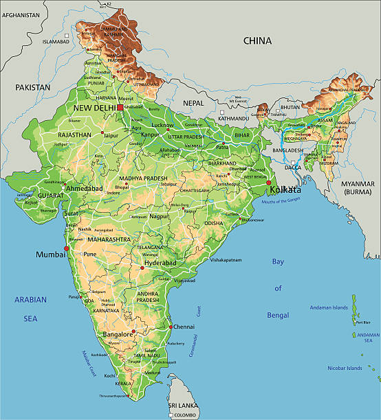 높은 철두철미 계속하였습니다 물리저 맵. - india map cartography continent stock illustrations