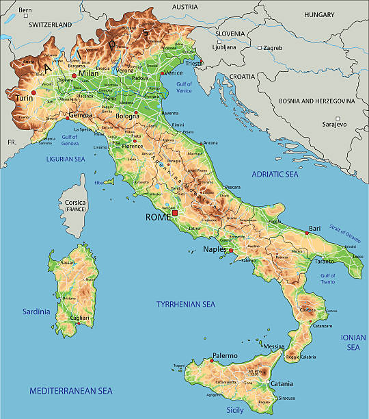 stockillustraties, clipart, cartoons en iconen met high detailed italy physical map. - sicilië