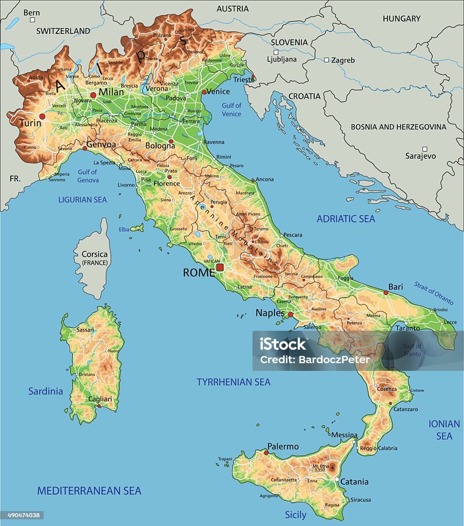 High detailed Italy physical map. - Royalty-free İtalya Vector Art