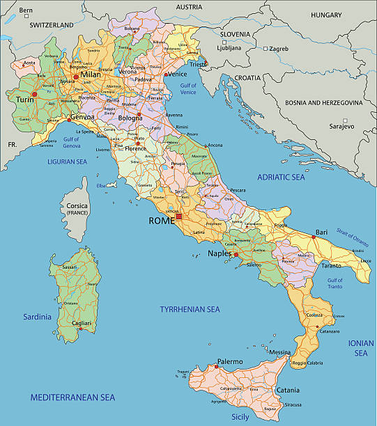 イタリア-非常に詳細な編集可能な政治地図ます。 - italy map sicily cartography点のイラスト素材／クリップアート素材／マンガ素材／アイコン素材