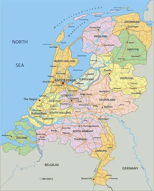 Vector illustration of Netherlands - Highly detailed editable political map.