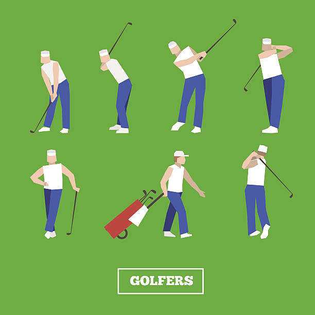 ilustraciones, imágenes clip art, dibujos animados e iconos de stock de gente jugando al golf vector de eficacia. swing con un campo de golf. - golfer animal activity recreational pursuit