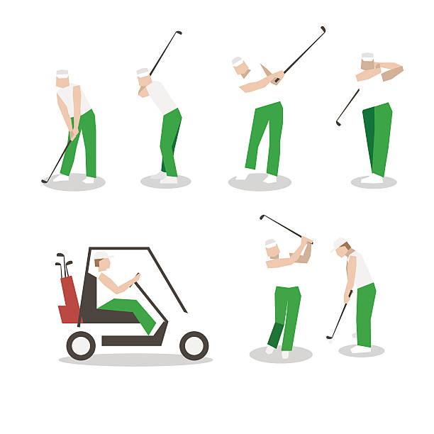 ilustraciones, imágenes clip art, dibujos animados e iconos de stock de gente jugando al golf vector de eficacia. swing con un campo de golf. - golfer animal activity recreational pursuit