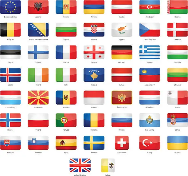 Vector illustration of Europe - Glossy Rectangle Flags - Illustration