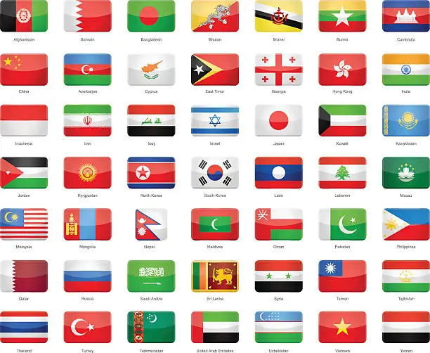 Vector illustration of Asia - Glossy Rectangle Flags - Illustration