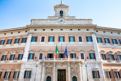 La Spezia, Italy about 09/2021. Palaces of the twentieth century with sculptures. Large buildings built with monumental facades including public buildings such as the prefecture.  Stock photos.