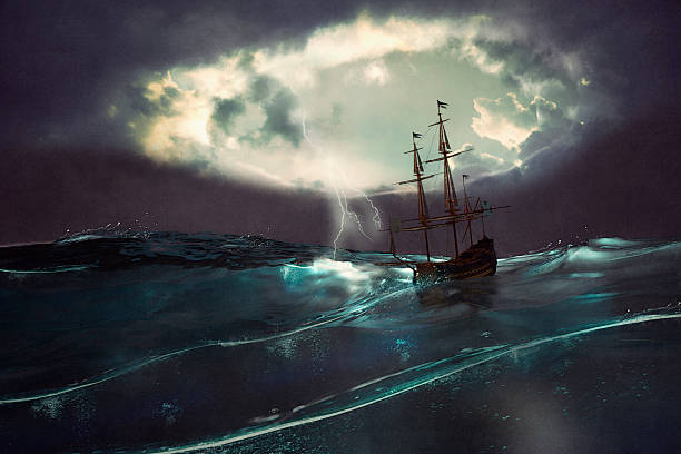 vecchia nave a vela nella tempesta - occhio del ciclone foto e immagini stock