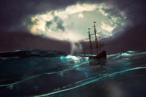 Old ship sailing in the storm.