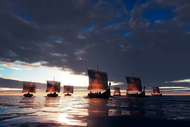 Viking ships sailing towards unknown land.