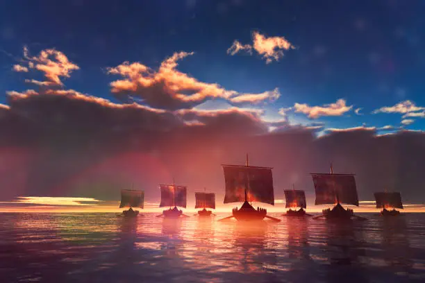 Viking ships sailing towards unknown land.