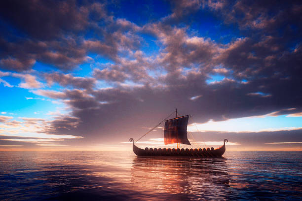 viking ship navegar hacia desconocida tierra - drakkar fotografías e imágenes de stock