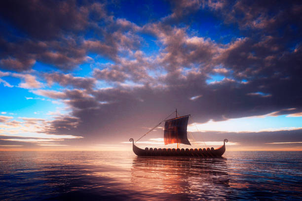 Viking ship sailing towards unknown land Viking ship sailing towards unknown land. viking ship photos stock pictures, royalty-free photos & images