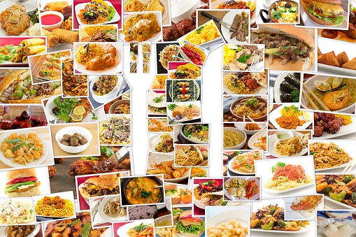 Collage of lots of popular worldwide foods in fork knife symbol shape