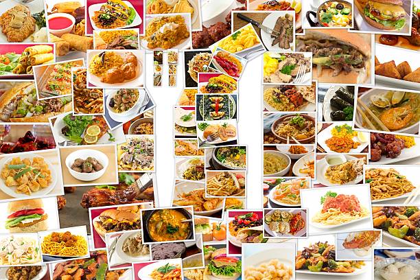Fork Knife Symbol Collage of lots of popular worldwide foods in fork knife symbol shape kitchen knife photos stock pictures, royalty-free photos & images