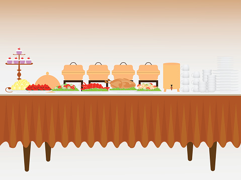 Buffet table with many food, roasted Turkey, salad, spaghetti, lobster and fruit watermelon and orange, vector illustration.