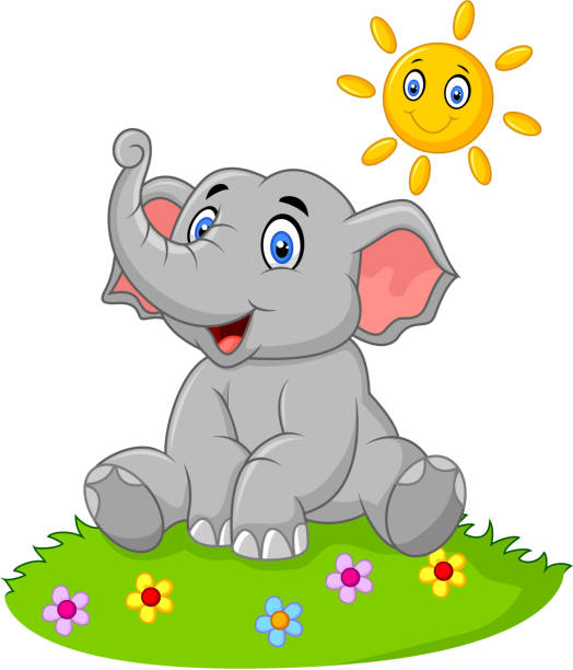Cute elephant sitting in the jungle on summer time Vector illustration of Cute elephant sitting in the jungle on summer time elephant ear plant stock illustrations