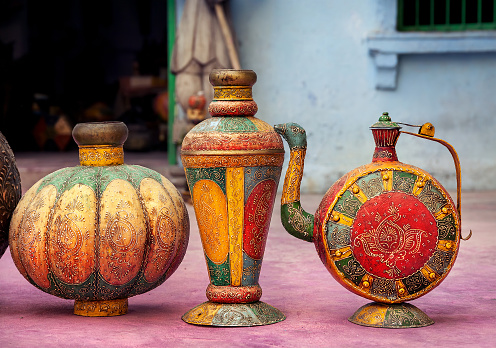 Colorful ethnic Rajasthan pots on market in Jodhpur, Rajasthan, India