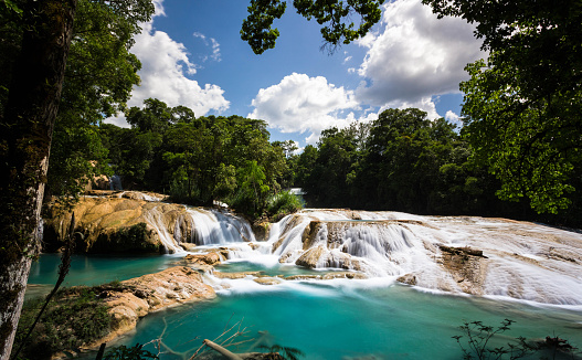 Pretty blue waterfalls of Agua Azul in Chiapas, Mexico. A place where many cataracts create many small sets of waterfalls.