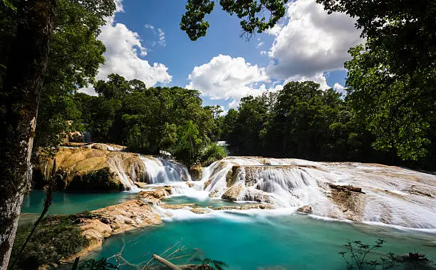 Pretty blue waterfalls of Agua Azul in Chiapas, Mexico. A place where many cataracts create many small sets of waterfalls.