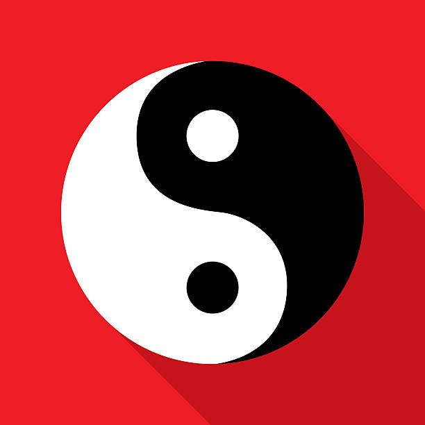 Red White Black Yin Yangicon Vector illustration of a black and white yin yang symbol with shadow on a red background. yin yang symbol stock illustrations