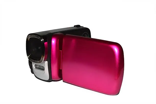 a pink digital videocamera on white background
