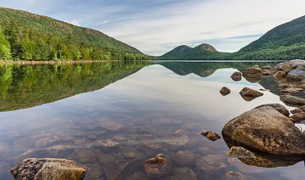the reflection of 'the bubbles'and surrounding hills, in Jordan Pond a fresh water pond in Acadia National Park in Maine, USA