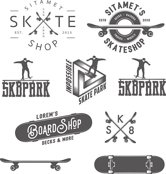 ilustrações, clipart, desenhos animados e ícones de conjunto de skate etiquetas, emblemas e elementos de design - skateboard park extreme sports recreational pursuit skateboarding