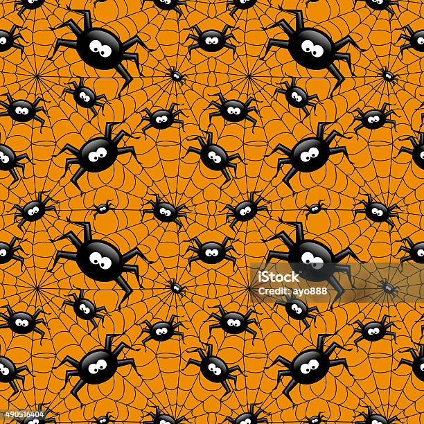 Halloween Seamless Pattern With Spider And Spiders Web Over Oran Stock Illustration - Download Image Now