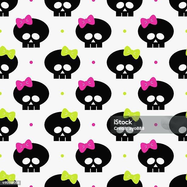 Seamless Pattern With Funny Halloween Skulls Over White Stock Photo - Download Image Now