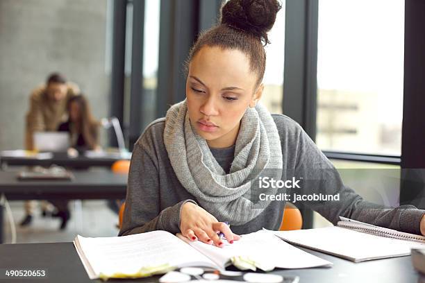 Female Student Studying In A Library Stock Photo - Download Image Now - Educational Exam, Female High School Student, University Student