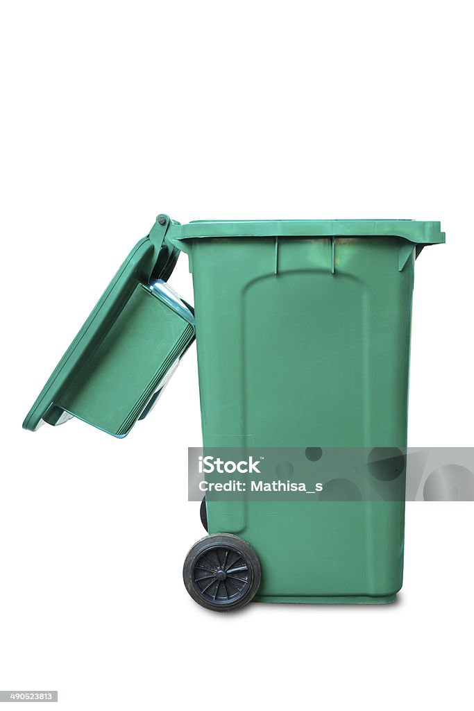 Large green commercial garbage bin with one side lid eft open