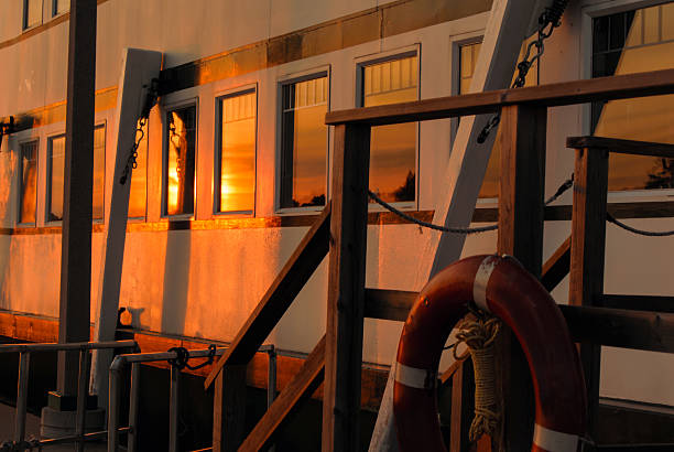Side View of a Steamship Bathed in Sunset Glow