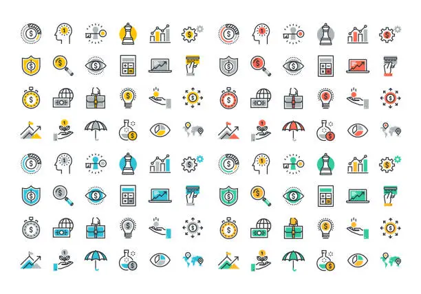 Vector illustration of Flat line colorful icons collection of business and finance