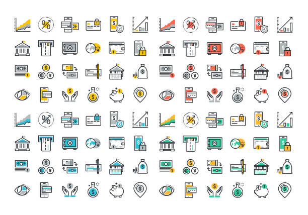 bunte flache linie icons sammlung von banken und e-banking - elektronisches banking stock-grafiken, -clipart, -cartoons und -symbole