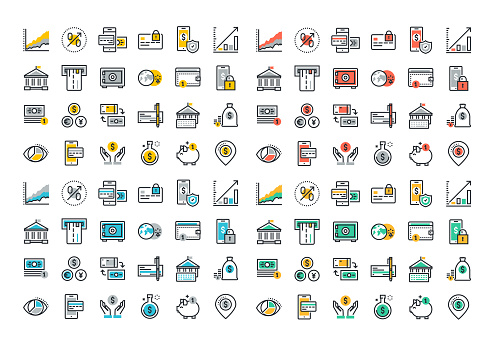 Flat line colorful icons collection of online payment, m-banking, , money savings and finance tools, banking services, financial management items, business accounting, internet payment security