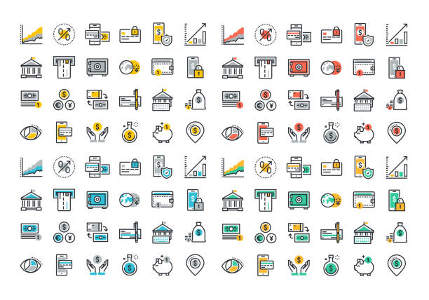 Flat line colorful icons collection of banking and e-banking Flat line colorful icons collection of online payment, m-banking, , money savings and finance tools, banking services, financial management items, business accounting, internet payment security banking symbols stock illustrations