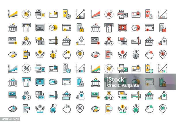Flat Line Colorful Icons Collection Of Banking And Ebanking Stock Illustration - Download Image Now