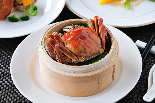 China delicious food Hairy crabs in Bamboo steamer  